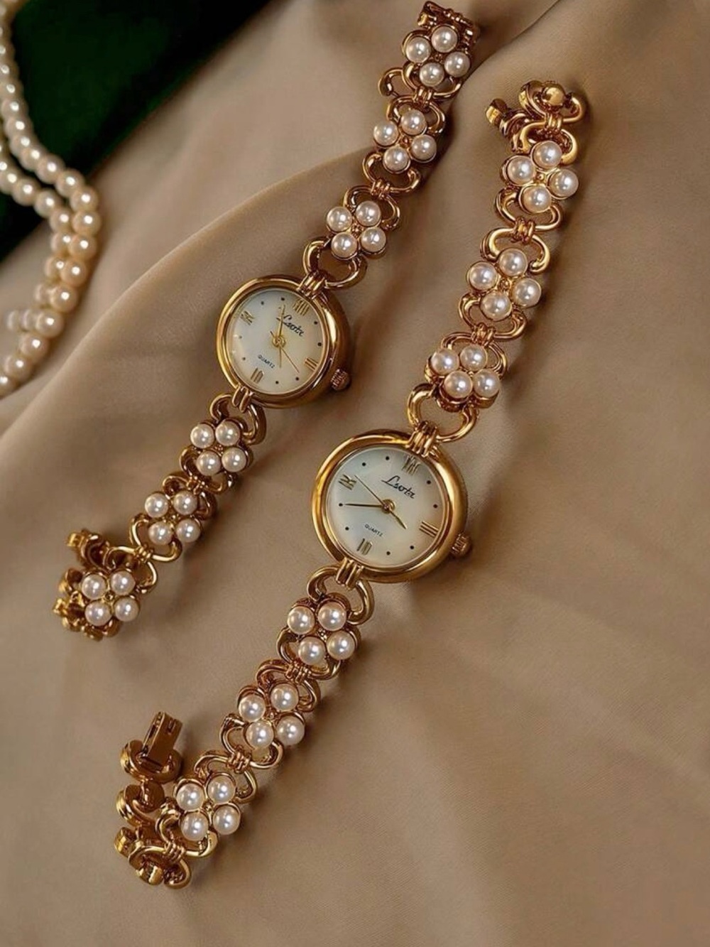 Anthropologie Gold Pearl Floral Link Watch - Picture 7 of 8